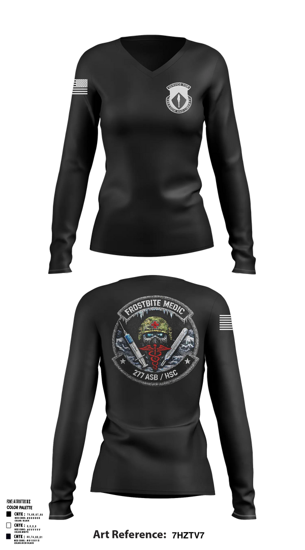 Womens Long Sleeve Vneck Shirt, 277th ASB Frostbite Medics, Army, Teamtime, Team time, sublimation, custom sports apparel, team uniforms, spirit wear, spiritwear, sports uniforms, custom shirts, team store, custom team store, fundraiser sports, apparel fundraiser