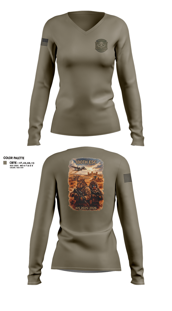 Womens Long Sleeve Vneck Shirt, 180th ESC Kismayo, Army, Teamtime, Team time, sublimation, custom sports apparel, team uniforms, spirit wear, spiritwear, sports uniforms, custom shirts, team store, custom team store, fundraiser sports, apparel fundraiser