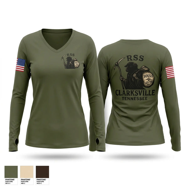 Womens Long Sleeve Vneck Shirt, RSS CLARKSVILLE, Marines, Teamtime, Team time, sublimation, custom sports apparel, team uniforms, spirit wear, spiritwear, sports uniforms, custom shirts, team store, custom team store, fundraiser sports, apparel fundraiser