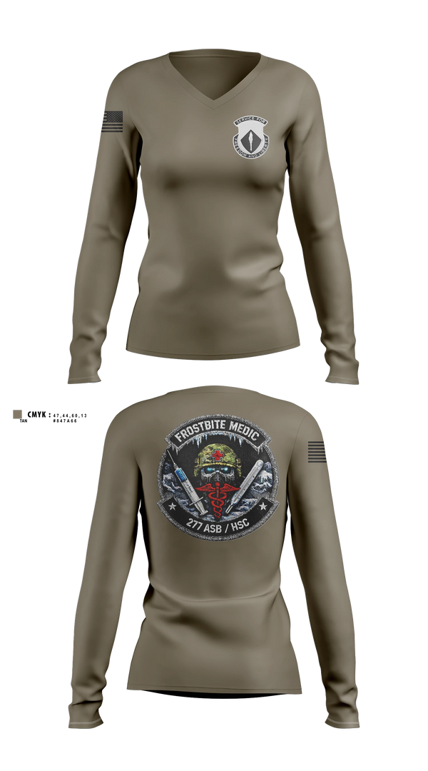 Womens Long Sleeve Vneck Shirt, 277th ASB Frostbite Medics, Army, Teamtime, Team time, sublimation, custom sports apparel, team uniforms, spirit wear, spiritwear, sports uniforms, custom shirts, team store, custom team store, fundraiser sports, apparel fundraiser