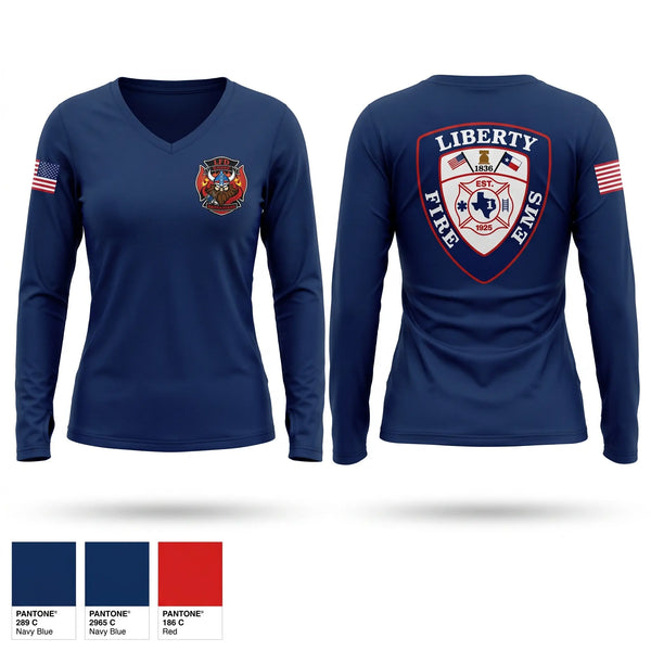 Womens Long Sleeve Vneck Shirt, LFD, Fire Department, Teamtime, Team time, sublimation, custom sports apparel, team uniforms, spirit wear, spiritwear, sports uniforms, custom shirts, team store, custom team store, fundraiser sports, apparel fundraiser