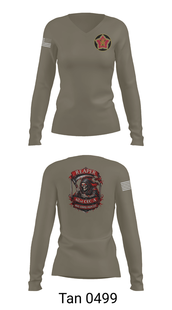 Womens Long Sleeve Vneck Shirt, 62ND CEC-A, Army, Teamtime, Team time, sublimation, custom sports apparel, team uniforms, spirit wear, spiritwear, sports uniforms, custom shirts, team store, custom team store, fundraiser sports, apparel fundraiser