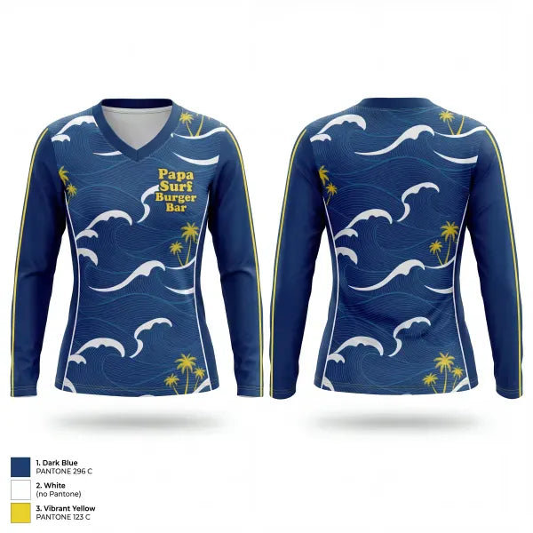 Womens Long Sleeve Vneck Shirt, Papa Surf Burger Bar, , Teamtime, Team time, sublimation, custom sports apparel, team uniforms, spirit wear, spiritwear, sports uniforms, custom shirts, team store, custom team store, fundraiser sports, apparel fundraiser