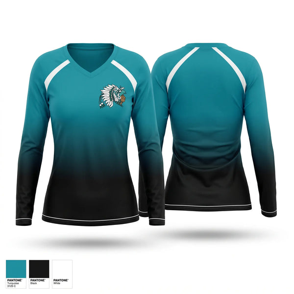 Womens Long Sleeve Vneck Shirt, Mendota Aztecs, Track & Field, Teamtime, Team time, sublimation, custom sports apparel, team uniforms, spirit wear, spiritwear, sports uniforms, custom shirts, team store, custom team store, fundraiser sports, apparel fundraiser