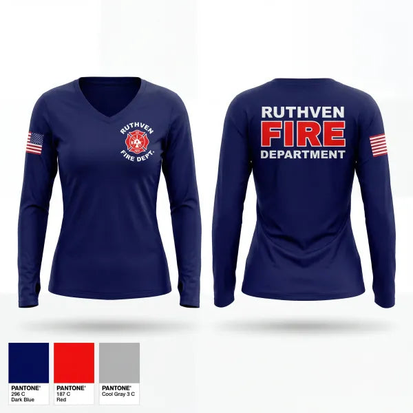 Womens Long Sleeve Vneck Shirt, Ruthven Fire Department, Fire Department, Teamtime, Team time, sublimation, custom sports apparel, team uniforms, spirit wear, spiritwear, sports uniforms, custom shirts, team store, custom team store, fundraiser sports, apparel fundraiser