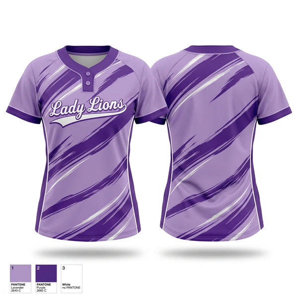 Two Button Softball Jersey, Lady Lions, Softball, Teamtime, Team time, sublimation, custom sports apparel, team uniforms, spirit wear, spiritwear, sports uniforms, custom shirts, team store, custom team store, fundraiser sports, apparel fundraiser