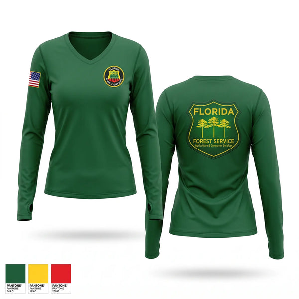 Womens Long Sleeve Vneck Shirt, Florida Forest Service, Fire Department, Teamtime, Team time, sublimation, custom sports apparel, team uniforms, spirit wear, spiritwear, sports uniforms, custom shirts, team store, custom team store, fundraiser sports, apparel fundraiser