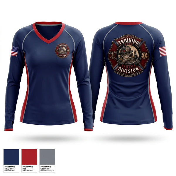 Womens Long Sleeve Vneck Shirt, Putnam county fire rescue, Fire Department, Teamtime, Team time, sublimation, custom sports apparel, team uniforms, spirit wear, spiritwear, sports uniforms, custom shirts, team store, custom team store, fundraiser sports, apparel fundraiser