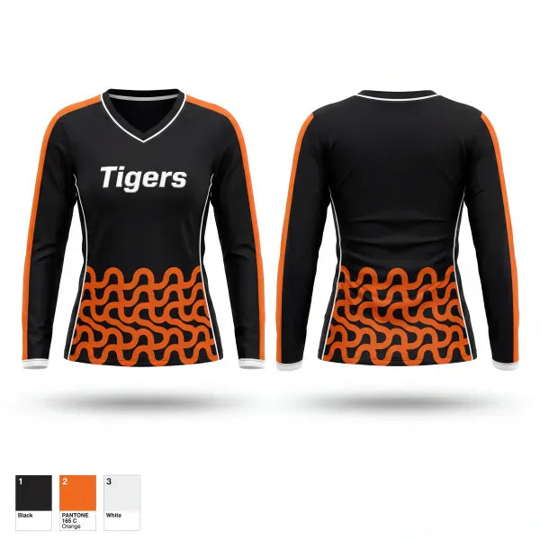 Womens Long Sleeve Vneck Shirt, Tigers, Women's Basketball, Teamtime, Team time, sublimation, custom sports apparel, team uniforms, spirit wear, spiritwear, sports uniforms, custom shirts, team store, custom team store, fundraiser sports, apparel fundraiser