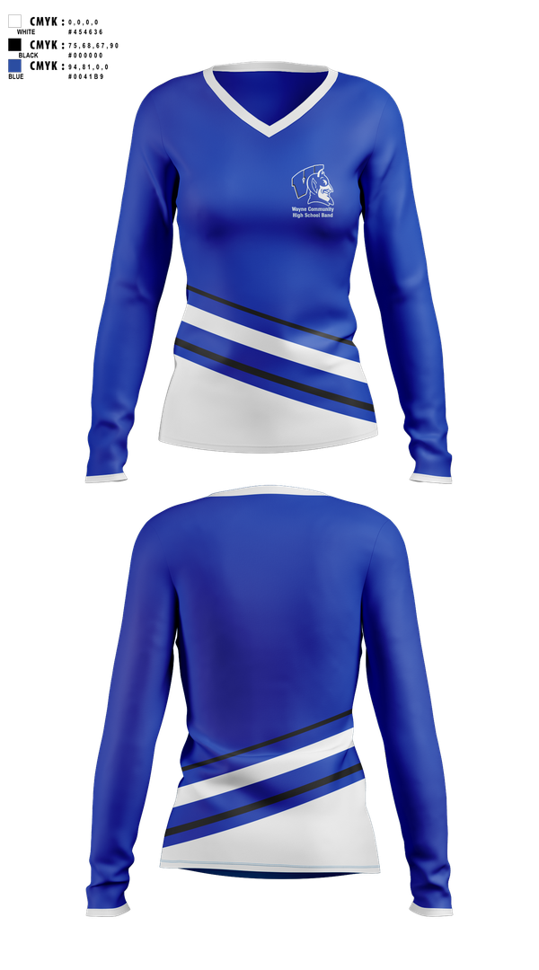 Womens Long Sleeve Vneck Shirt, Wayne Community High School Band, Spirit Store, Teamtime, Team time, sublimation, custom sports apparel, team uniforms, spirit wear, spiritwear, sports uniforms, custom shirts, team store, custom team store, fundraiser sports, apparel fundraiser