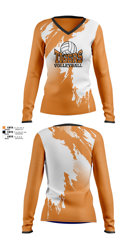 Womens Long Sleeve Vneck Shirt, Tigers, Women's Volleyball, Teamtime, Team time, sublimation, custom sports apparel, team uniforms, spirit wear, spiritwear, sports uniforms, custom shirts, team store, custom team store, fundraiser sports, apparel fundraiser