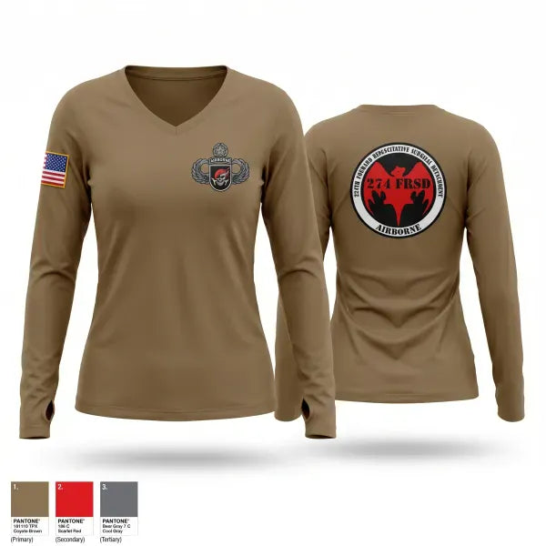 Womens Long Sleeve Vneck Shirt, 274th FRSD (Airborne), Army, Teamtime, Team time, sublimation, custom sports apparel, team uniforms, spirit wear, spiritwear, sports uniforms, custom shirts, team store, custom team store, fundraiser sports, apparel fundraiser