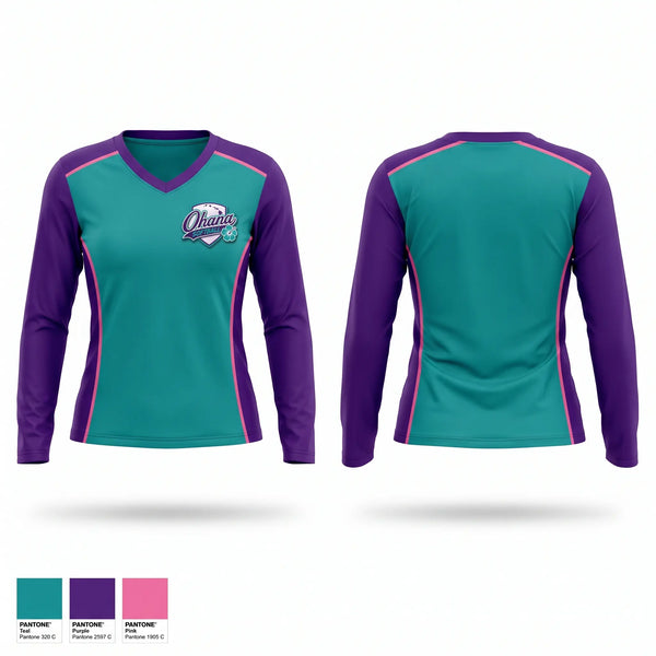 Womens Long Sleeve Vneck Shirt, Ohana, Softball, Teamtime, Team time, sublimation, custom sports apparel, team uniforms, spirit wear, spiritwear, sports uniforms, custom shirts, team store, custom team store, fundraiser sports, apparel fundraiser