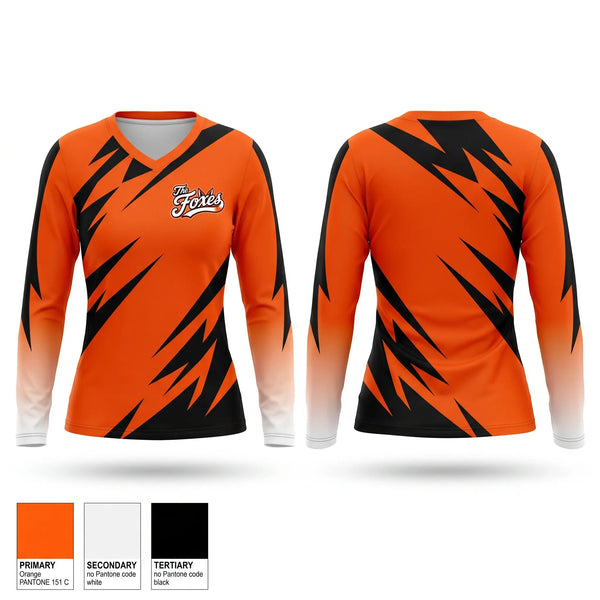 Womens Long Sleeve Vneck Shirt, Foxes Fastpitch, Softball, Teamtime, Team time, sublimation, custom sports apparel, team uniforms, spirit wear, spiritwear, sports uniforms, custom shirts, team store, custom team store, fundraiser sports, apparel fundraiser