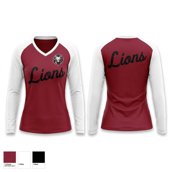 Womens Long Sleeve Vneck Shirt, Sardis Lions, Softball, Teamtime, Team time, sublimation, custom sports apparel, team uniforms, spirit wear, spiritwear, sports uniforms, custom shirts, team store, custom team store, fundraiser sports, apparel fundraiser