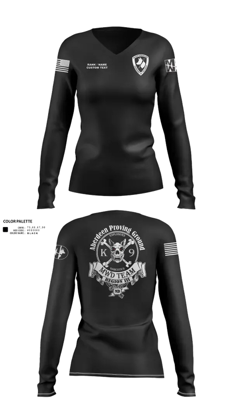 Womens Long Sleeve Vneck Shirt, Aberdeen Proving Ground Police Department, Police, Teamtime, Team time, sublimation, custom sports apparel, team uniforms, spirit wear, spiritwear, sports uniforms, custom shirts, team store, custom team store, fundraiser sports, apparel fundraiser