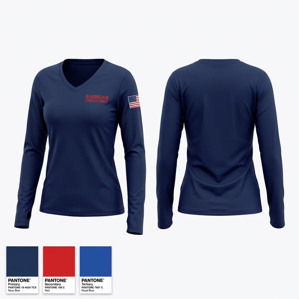 Womens Long Sleeve Vneck Shirt, Sheridan fire district, Fire Department, Teamtime, Team time, sublimation, custom sports apparel, team uniforms, spirit wear, spiritwear, sports uniforms, custom shirts, team store, custom team store, fundraiser sports, apparel fundraiser