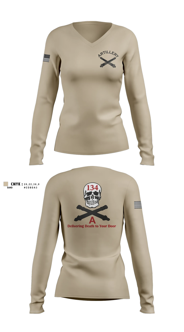 Womens Long Sleeve Vneck Shirt, A Battery 1-134th Field Artillery, Army, Teamtime, Team time, sublimation, custom sports apparel, team uniforms, spirit wear, spiritwear, sports uniforms, custom shirts, team store, custom team store, fundraiser sports, apparel fundraiser