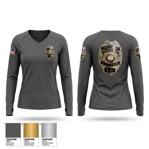 Womens Long Sleeve Vneck Shirt, Jeanerette Police Department, Police, Teamtime, Team time, sublimation, custom sports apparel, team uniforms, spirit wear, spiritwear, sports uniforms, custom shirts, team store, custom team store, fundraiser sports, apparel fundraiser