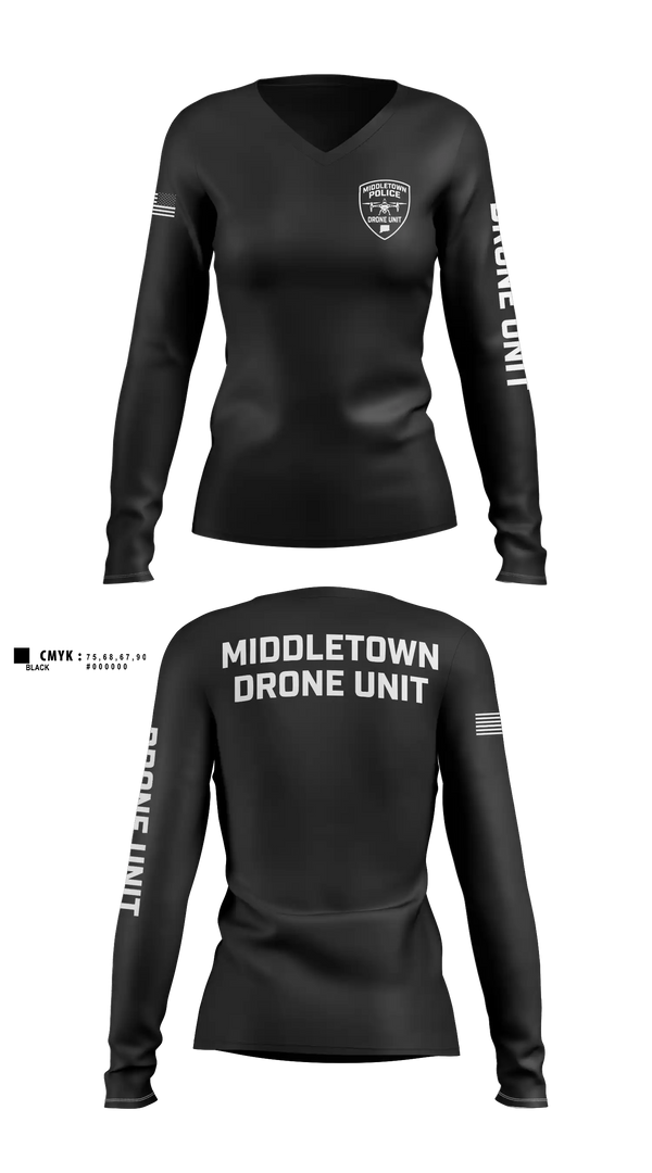 Womens Long Sleeve Vneck Shirt, Middletown Police Department Drone Unit, Police, Teamtime, Team time, sublimation, custom sports apparel, team uniforms, spirit wear, spiritwear, sports uniforms, custom shirts, team store, custom team store, fundraiser sports, apparel fundraiser