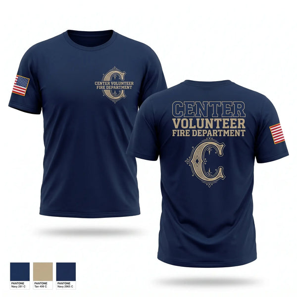 Old School Cotton Feel Shirt, Center volunteer Fire department, Fire Department, Teamtime, Team time, sublimation, custom sports apparel, team uniforms, spirit wear, spiritwear, sports uniforms, custom shirts, team store, custom team store, fundraiser sports, apparel fundraiser