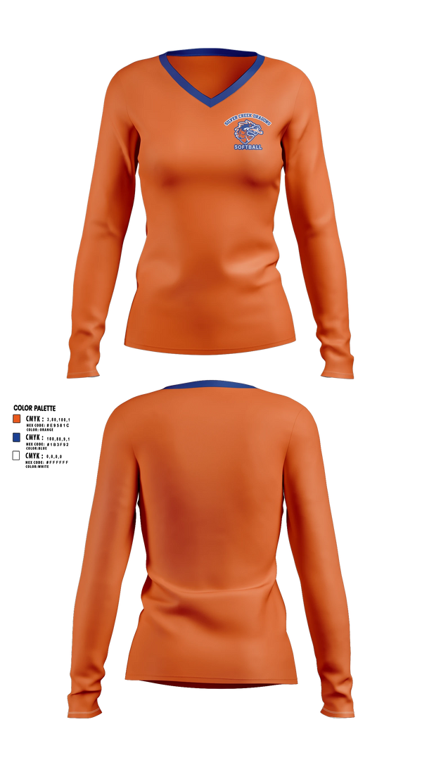 Womens Long Sleeve Vneck Shirt, Silver Creek Dragons, Softball, Teamtime, Team time, sublimation, custom sports apparel, team uniforms, spirit wear, spiritwear, sports uniforms, custom shirts, team store, custom team store, fundraiser sports, apparel fundraiser