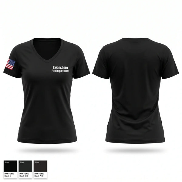 Womens Short Sleeve Vneck Shirt, Swansboro Fire Department, Fire Department, Teamtime, Team time, sublimation, custom sports apparel, team uniforms, spirit wear, spiritwear, sports uniforms, custom shirts, team store, custom team store, fundraiser sports, apparel fundraiser