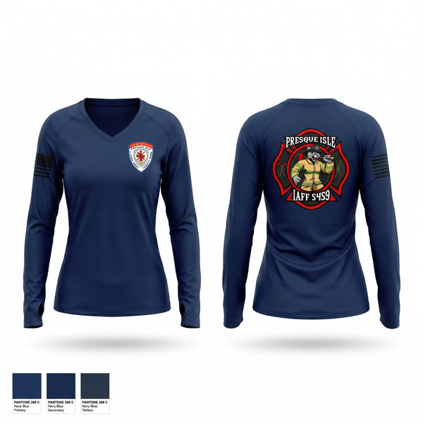 Womens Long Sleeve Vneck Shirt, Presque Isle Fire Department, Fire Department, Teamtime, Team time, sublimation, custom sports apparel, team uniforms, spirit wear, spiritwear, sports uniforms, custom shirts, team store, custom team store, fundraiser sports, apparel fundraiser
