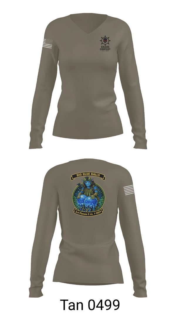 Womens Long Sleeve Vneck Shirt, C. Co. 1-120 3rd PLT, Army, Teamtime, Team time, sublimation, custom sports apparel, team uniforms, spirit wear, spiritwear, sports uniforms, custom shirts, team store, custom team store, fundraiser sports, apparel fundraiser