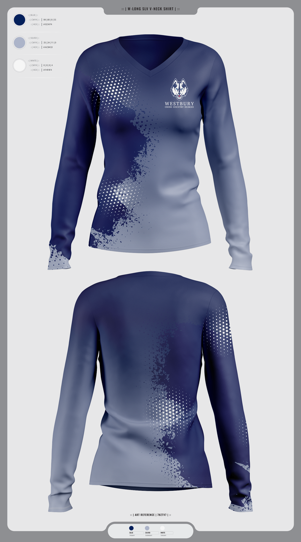 Womens Long Sleeve Vneck Shirt, Westbury Cross Country Huskies, Cross Country, Teamtime, Team time, sublimation, custom sports apparel, team uniforms, spirit wear, spiritwear, sports uniforms, custom shirts, team store, custom team store, fundraiser sports, apparel fundraiser