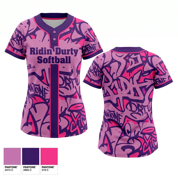 Two Button Softball Jersey, Ridin Durty softball, Softball, Teamtime, Team time, sublimation, custom sports apparel, team uniforms, spirit wear, spiritwear, sports uniforms, custom shirts, team store, custom team store, fundraiser sports, apparel fundraiser