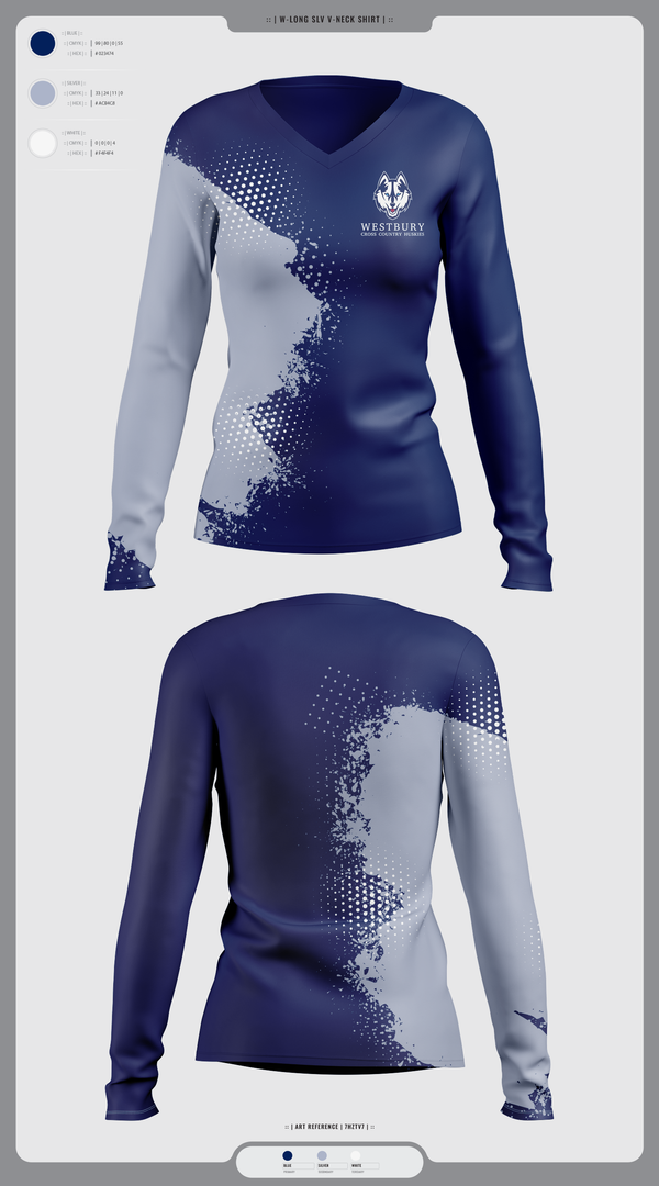 Womens Long Sleeve Vneck Shirt, Westbury Cross Country Huskies, Cross Country, Teamtime, Team time, sublimation, custom sports apparel, team uniforms, spirit wear, spiritwear, sports uniforms, custom shirts, team store, custom team store, fundraiser sports, apparel fundraiser