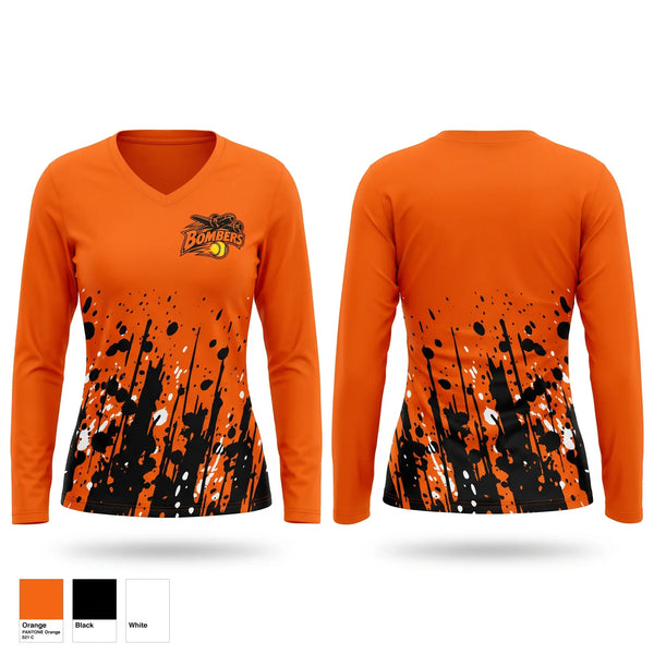Womens Long Sleeve Vneck Shirt, Bombers, Softball, Teamtime, Team time, sublimation, custom sports apparel, team uniforms, spirit wear, spiritwear, sports uniforms, custom shirts, team store, custom team store, fundraiser sports, apparel fundraiser