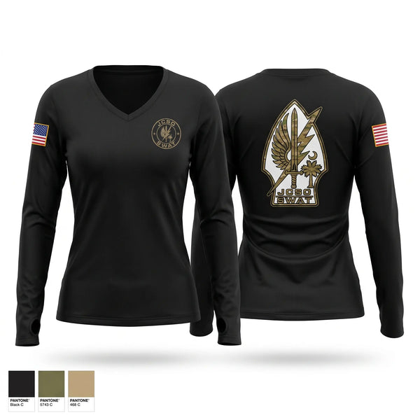 Womens Long Sleeve Vneck Shirt, JCSO SWAT1, Police, Teamtime, Team time, sublimation, custom sports apparel, team uniforms, spirit wear, spiritwear, sports uniforms, custom shirts, team store, custom team store, fundraiser sports, apparel fundraiser