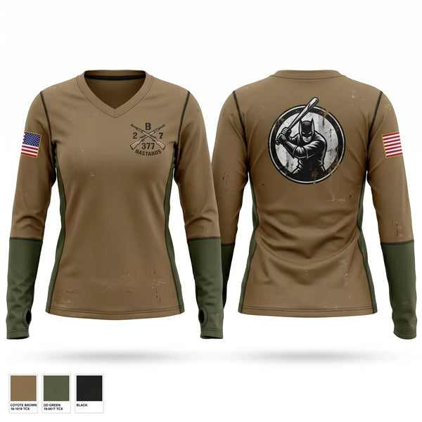 Womens Long Sleeve Vneck Shirt, Bravo Co 2/377, Army, Teamtime, Team time, sublimation, custom sports apparel, team uniforms, spirit wear, spiritwear, sports uniforms, custom shirts, team store, custom team store, fundraiser sports, apparel fundraiser