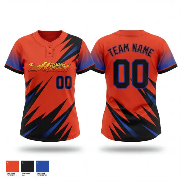 Two Button Softball Jersey, Delmarva Heat, Softball, Teamtime, Team time, sublimation, custom sports apparel, team uniforms, spirit wear, spiritwear, sports uniforms, custom shirts, team store, custom team store, fundraiser sports, apparel fundraiser