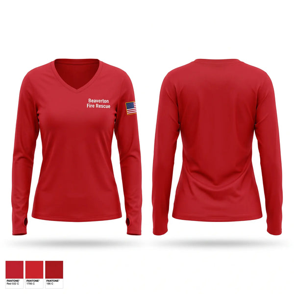 Womens Long Sleeve Vneck Shirt, Beaverton Fire Rescue, Fire Department, Teamtime, Team time, sublimation, custom sports apparel, team uniforms, spirit wear, spiritwear, sports uniforms, custom shirts, team store, custom team store, fundraiser sports, apparel fundraiser