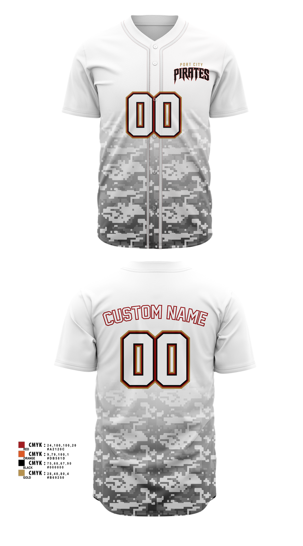 Full Button Baseball Jersey, Port City Pirates, Baseball, Teamtime, Team time, sublimation, custom sports apparel, team uniforms, spirit wear, spiritwear, sports uniforms, custom shirts, team store, custom team store, fundraiser sports, apparel fundraiser