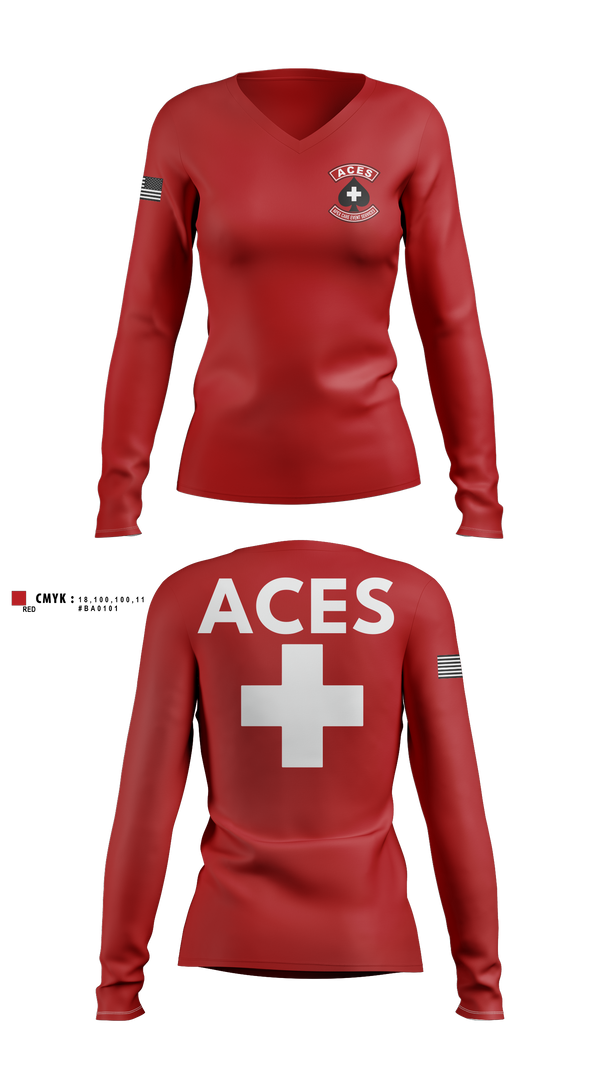 Womens Long Sleeve Vneck Shirt, ACES, EMS/EMT, Teamtime, Team time, sublimation, custom sports apparel, team uniforms, spirit wear, spiritwear, sports uniforms, custom shirts, team store, custom team store, fundraiser sports, apparel fundraiser