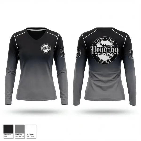 Womens Long Sleeve Vneck Shirt, Prodigy, Baseball, Teamtime, Team time, sublimation, custom sports apparel, team uniforms, spirit wear, spiritwear, sports uniforms, custom shirts, team store, custom team store, fundraiser sports, apparel fundraiser
