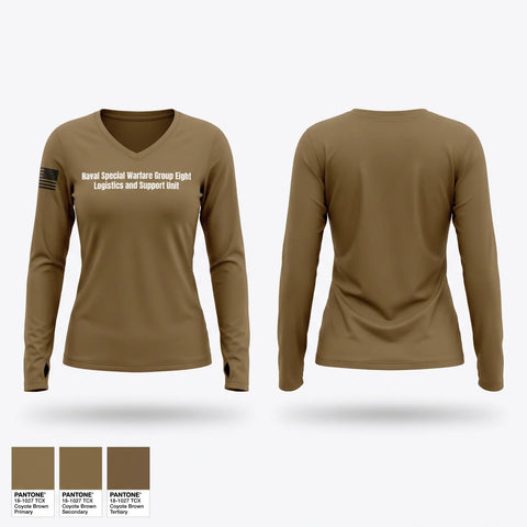 Womens Long Sleeve Vneck Shirt, Naval Special Warfare Group Eight Logistics and Support Unit, Navy, Teamtime, Team time, sublimation, custom sports apparel, team uniforms, spirit wear, spiritwear, sports uniforms, custom shirts, team store, custom team store, fundraiser sports, apparel fundraiser