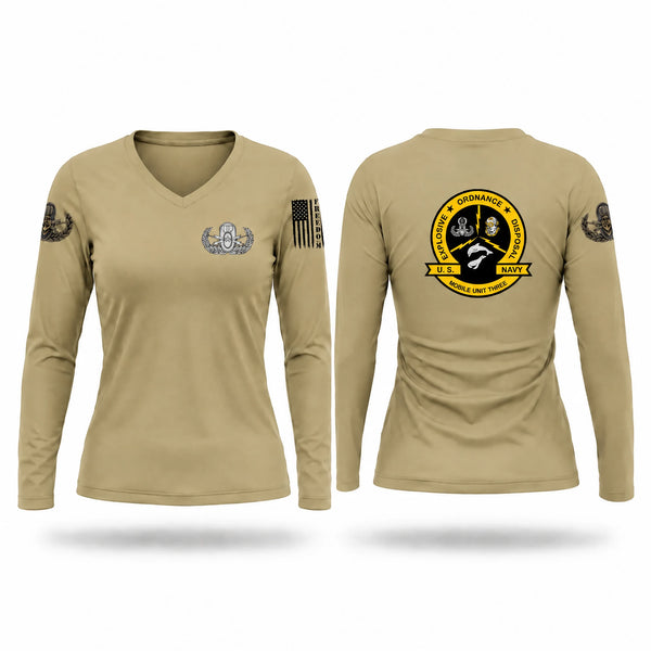 Womens Long Sleeve Vneck Shirt, EOD Mobile Unit 3, Navy, Teamtime, Team time, sublimation, custom sports apparel, team uniforms, spirit wear, spiritwear, sports uniforms, custom shirts, team store, custom team store, fundraiser sports, apparel fundraiser