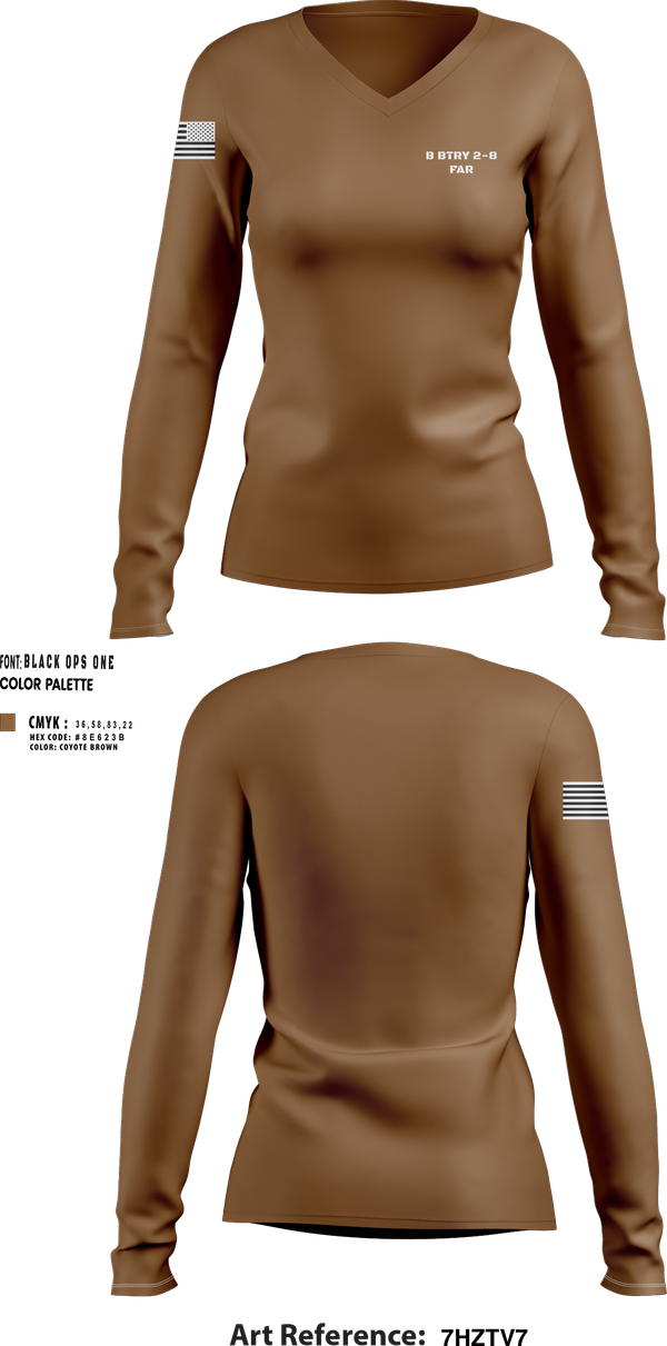 Womens Long Sleeve Vneck Shirt, B BTRY 2-8 FAR, , Teamtime, Team time, sublimation, custom sports apparel, team uniforms, spirit wear, spiritwear, sports uniforms, custom shirts, team store, custom team store, fundraiser sports, apparel fundraiser