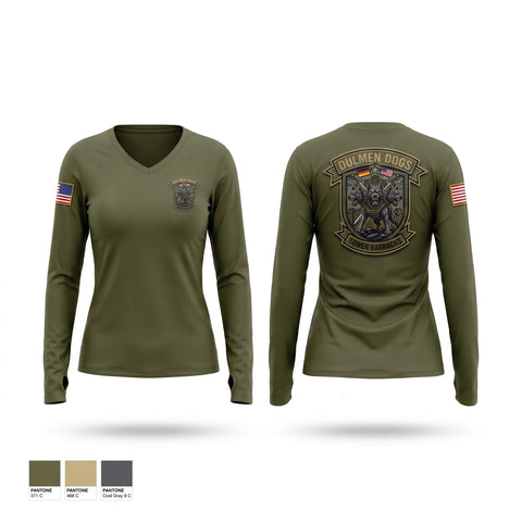 Womens Long Sleeve Vneck Shirt, Dulmen DES, Army, Teamtime, Team time, sublimation, custom sports apparel, team uniforms, spirit wear, spiritwear, sports uniforms, custom shirts, team store, custom team store, fundraiser sports, apparel fundraiser