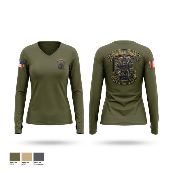 Womens Long Sleeve Vneck Shirt, Dulmen DES, Army, Teamtime, Team time, sublimation, custom sports apparel, team uniforms, spirit wear, spiritwear, sports uniforms, custom shirts, team store, custom team store, fundraiser sports, apparel fundraiser