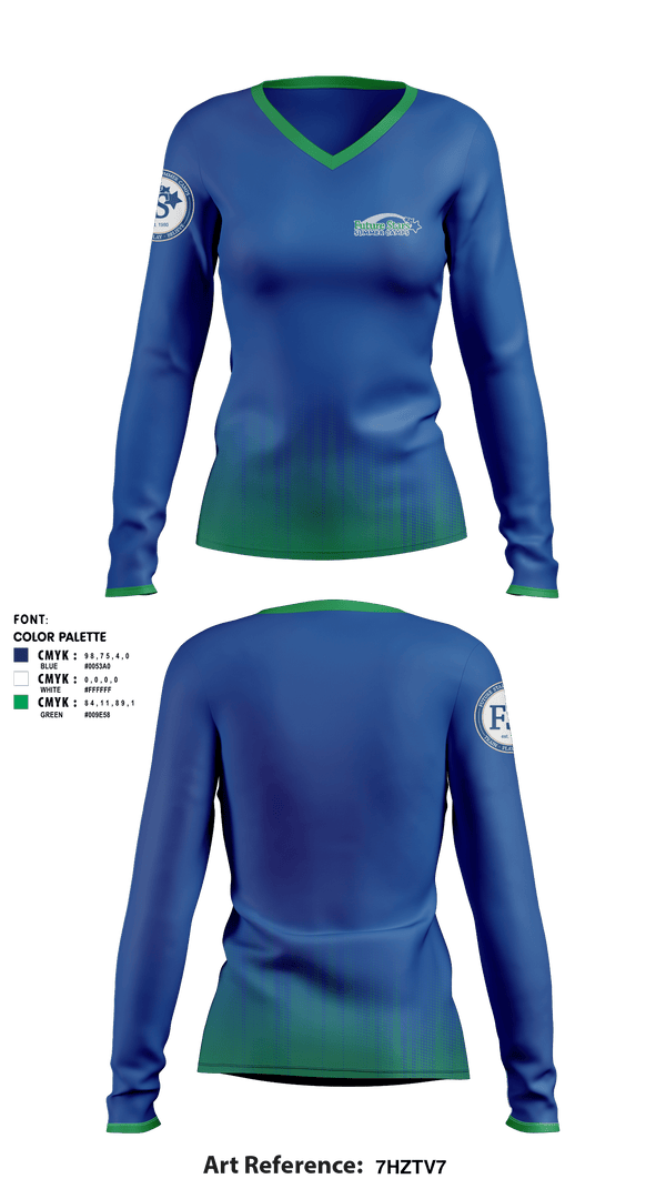 Women's Long Sleeve Vneck Shirt, Future Stars Summer Camps at Old Westbury, Spirit Store, Teamtime, Team time, sublimation, custom sports apparel, team uniforms, spirit wear, spiritwear, sports uniforms, custom shirts, team store, custom team store, fundraiser sports, apparel fundraiser