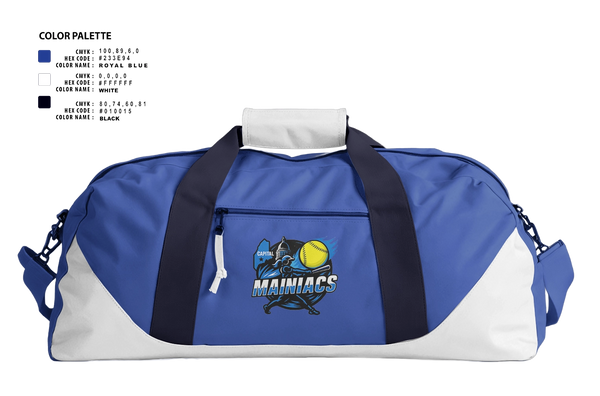 Duffle Bag, Capital Area Mainiacs, Softball, Teamtime, Team time, sublimation, custom sports apparel, team uniforms, spirit wear, spiritwear, sports uniforms, custom shirts, team store, custom team store, fundraiser sports, apparel fundraiser