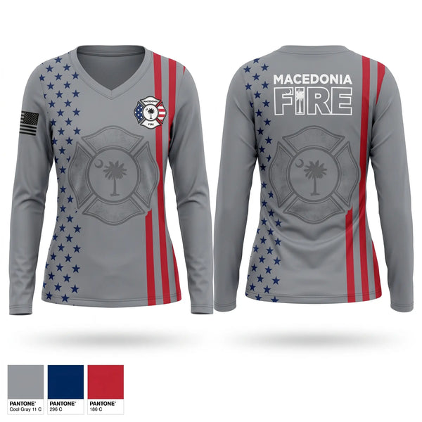 Womens Long Sleeve Vneck Shirt, Macedonia Fire Department, Fire Department, Teamtime, Team time, sublimation, custom sports apparel, team uniforms, spirit wear, spiritwear, sports uniforms, custom shirts, team store, custom team store, fundraiser sports, apparel fundraiser