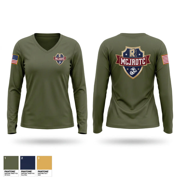 Womens Long Sleeve Vneck Shirt, Rockwall MCJROTC, Marines, Teamtime, Team time, sublimation, custom sports apparel, team uniforms, spirit wear, spiritwear, sports uniforms, custom shirts, team store, custom team store, fundraiser sports, apparel fundraiser