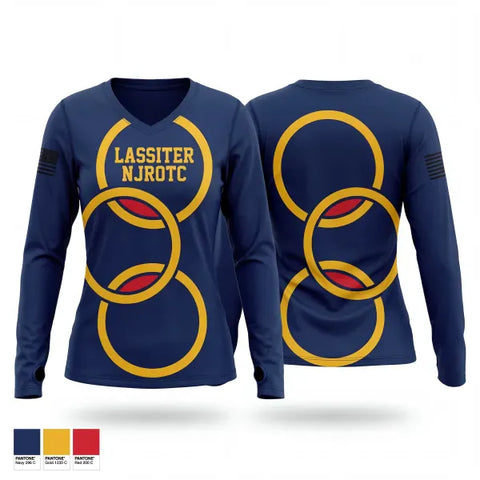 Womens Long Sleeve Vneck Shirt, Lassiter NJROTC, Navy, Teamtime, Team time, sublimation, custom sports apparel, team uniforms, spirit wear, spiritwear, sports uniforms, custom shirts, team store, custom team store, fundraiser sports, apparel fundraiser